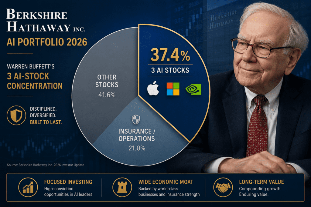 Berkshire Hathaway AI shift in 2026 showing Warren Buffett portfolio concentration in 3 AI stocks Apple, Coca‑Cola, and Alphabet