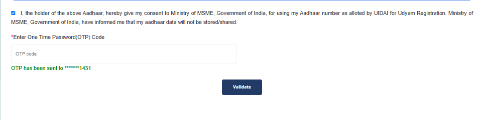 Udyam Registration Aadhar OTP Verification