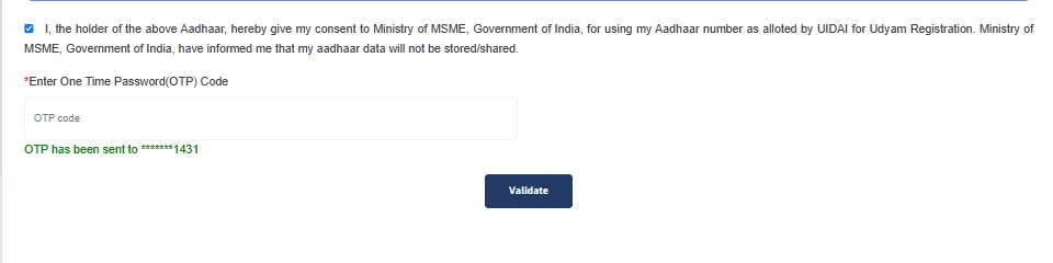 Udyam Registration Aadhar OTP Verification